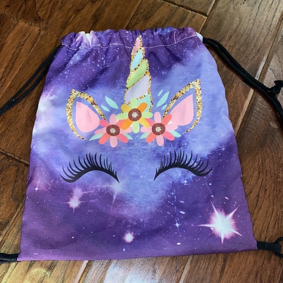 Handbags - Purple Unicorn 🦄 backpack sack satchel scrunch carry bag black shoulder straps‌